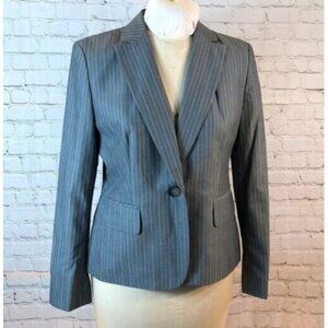 Jones New York Blazer Gray Pinstripe Jacket Pleated Gathered Back Size 10